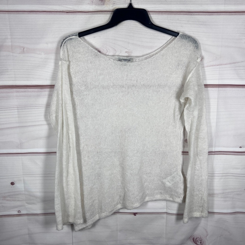 Urban Outfitters Sweater Women XL White Open Knit Asymmetrical Hem Long Sleeve